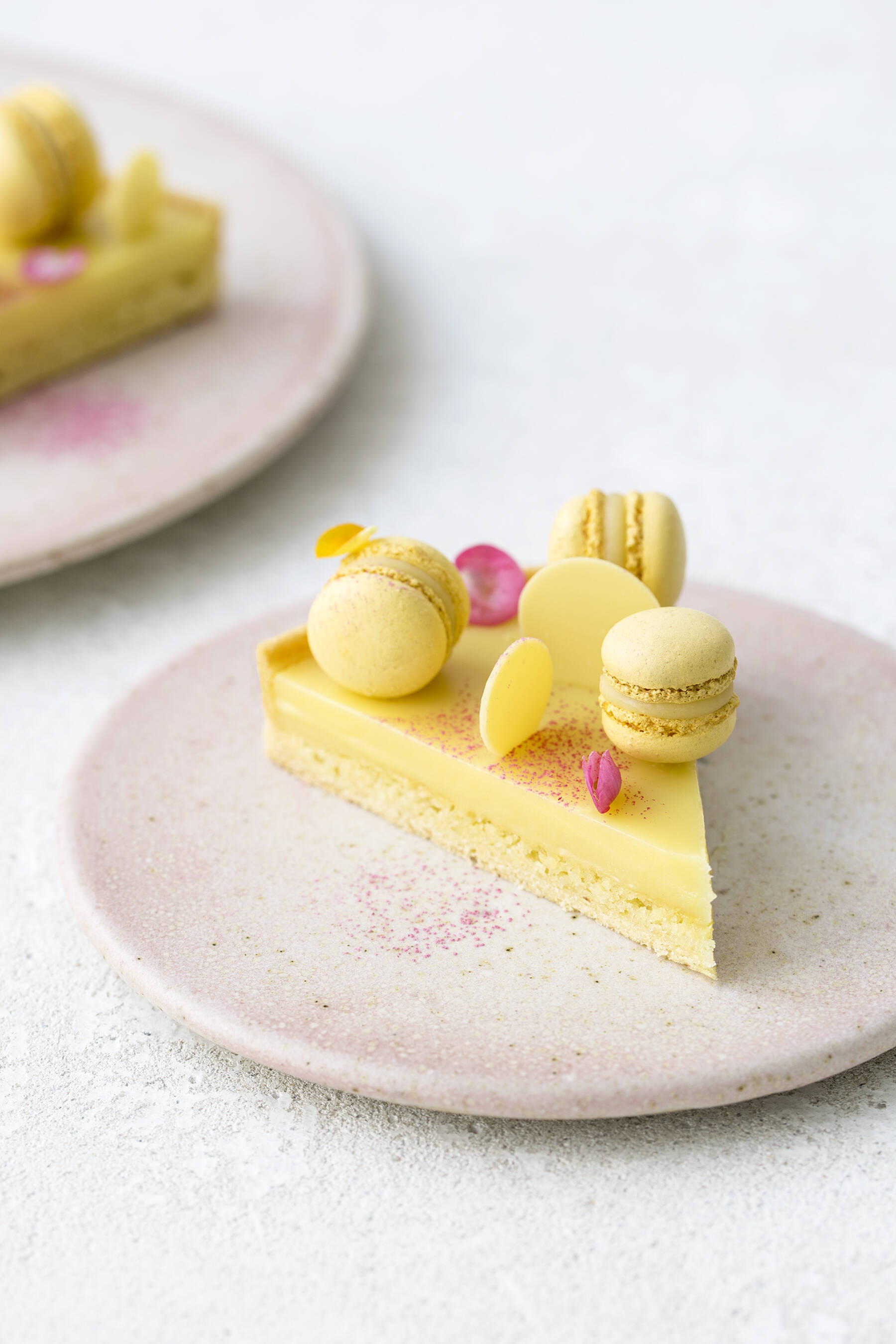 Passion fruit tart with mini macarons